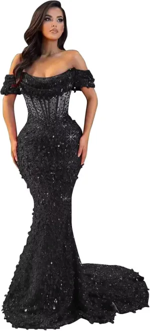 Mermaid Prom Dresses for Women Sparkly Sequin Off Shoulder Corset Long Formal Evening Gowns