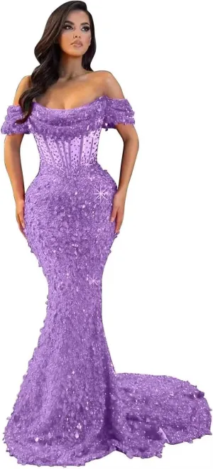 Mermaid Prom Dresses for Women Sparkly Sequin Off Shoulder Corset Long Formal Evening Gowns