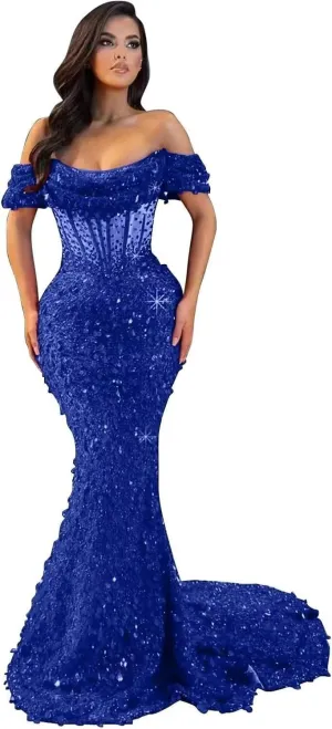 Mermaid Prom Dresses for Women Sparkly Sequin Off Shoulder Corset Long Formal Evening Gowns