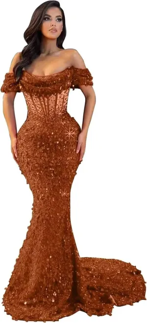 Mermaid Prom Dresses for Women Sparkly Sequin Off Shoulder Corset Long Formal Evening Gowns