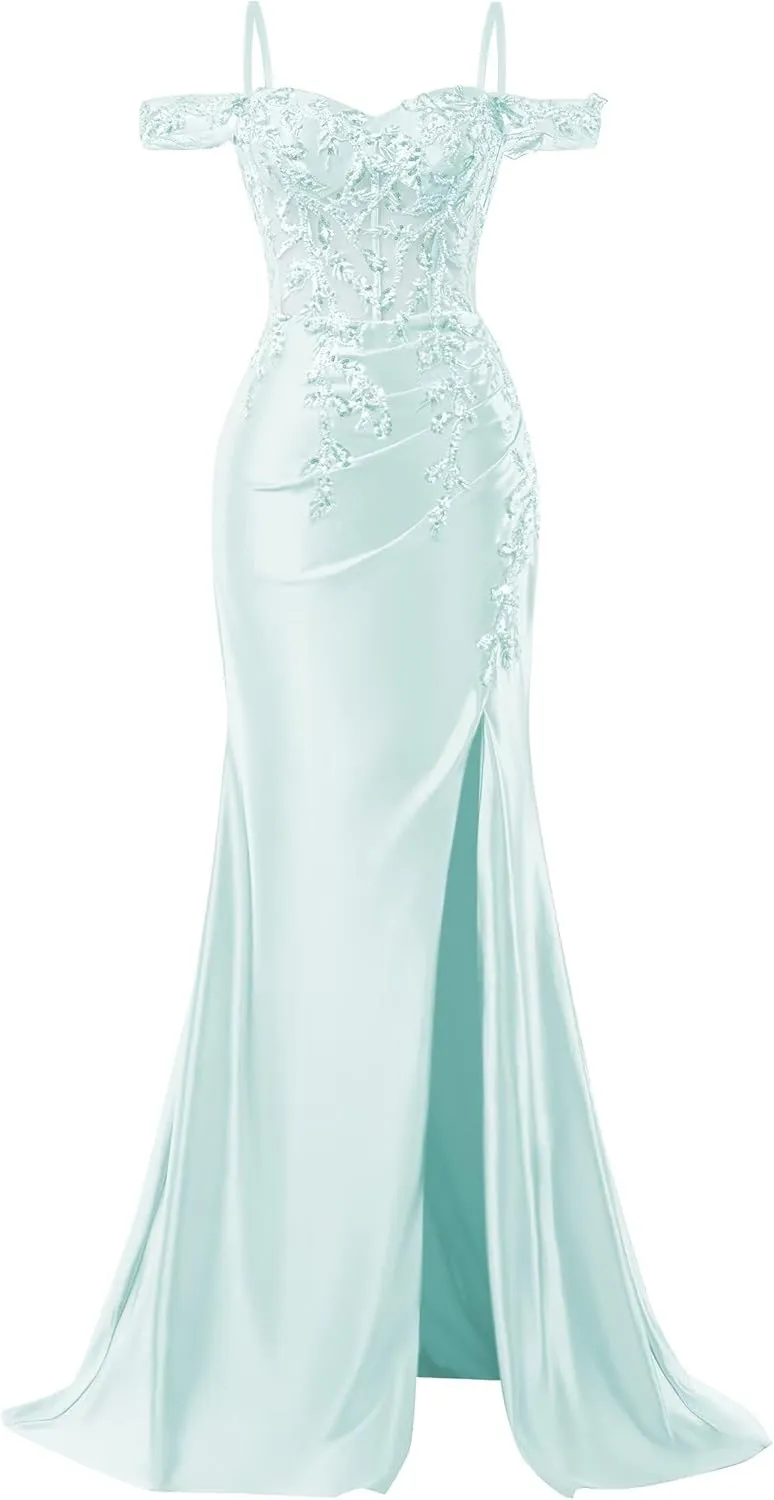 Mermaid Satin Prom Dresses 2025 Lace Applique Off Shoulder Formal Evening Gown with Slit