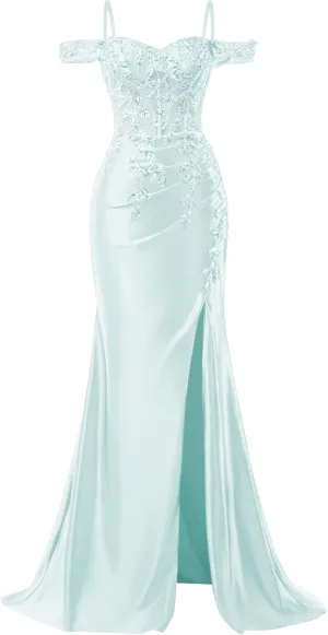 Mermaid Satin Prom Dresses 2025 Lace Applique Off Shoulder Formal Evening Gown with Slit