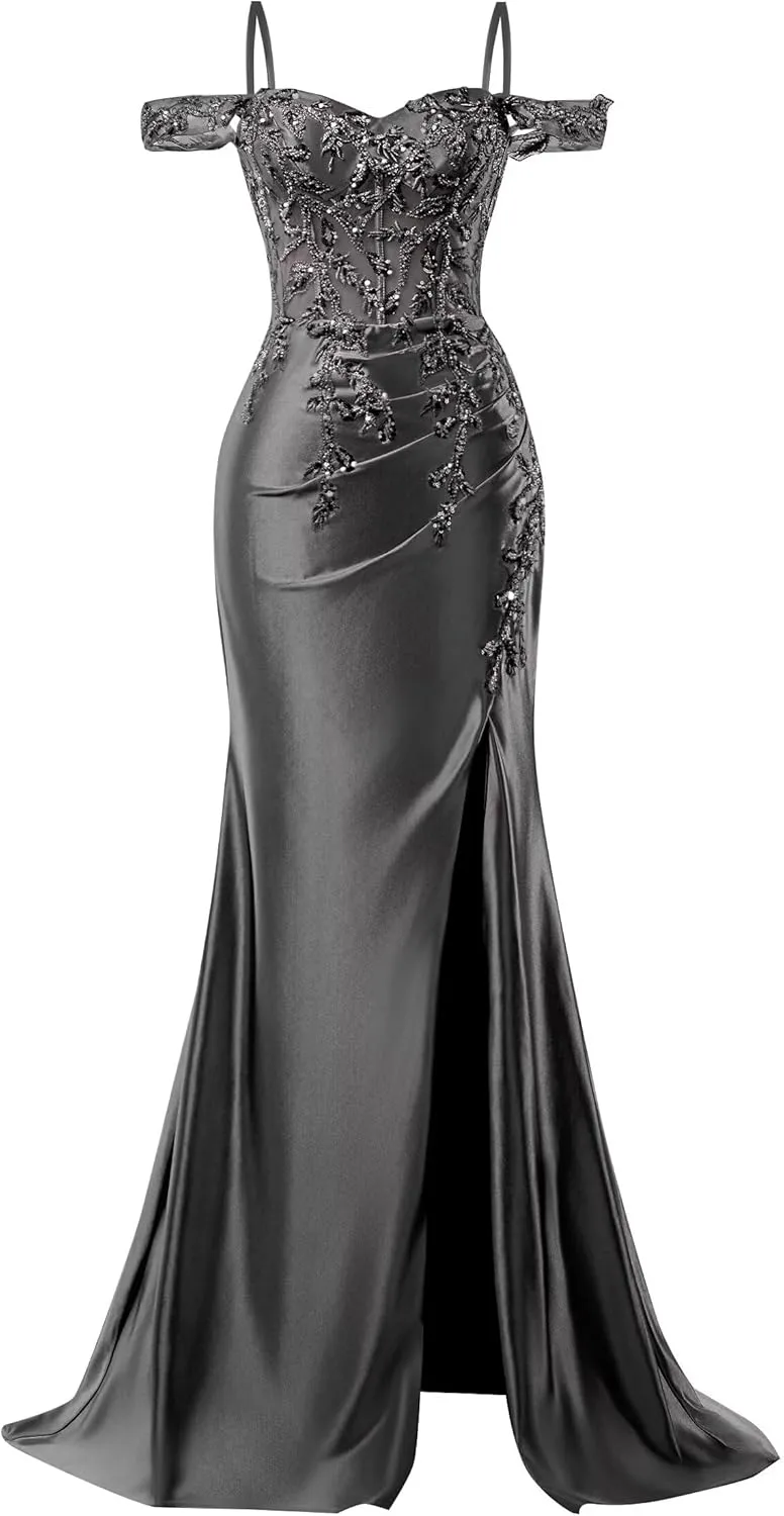 Mermaid Satin Prom Dresses 2025 Lace Applique Off Shoulder Formal Evening Gown with Slit