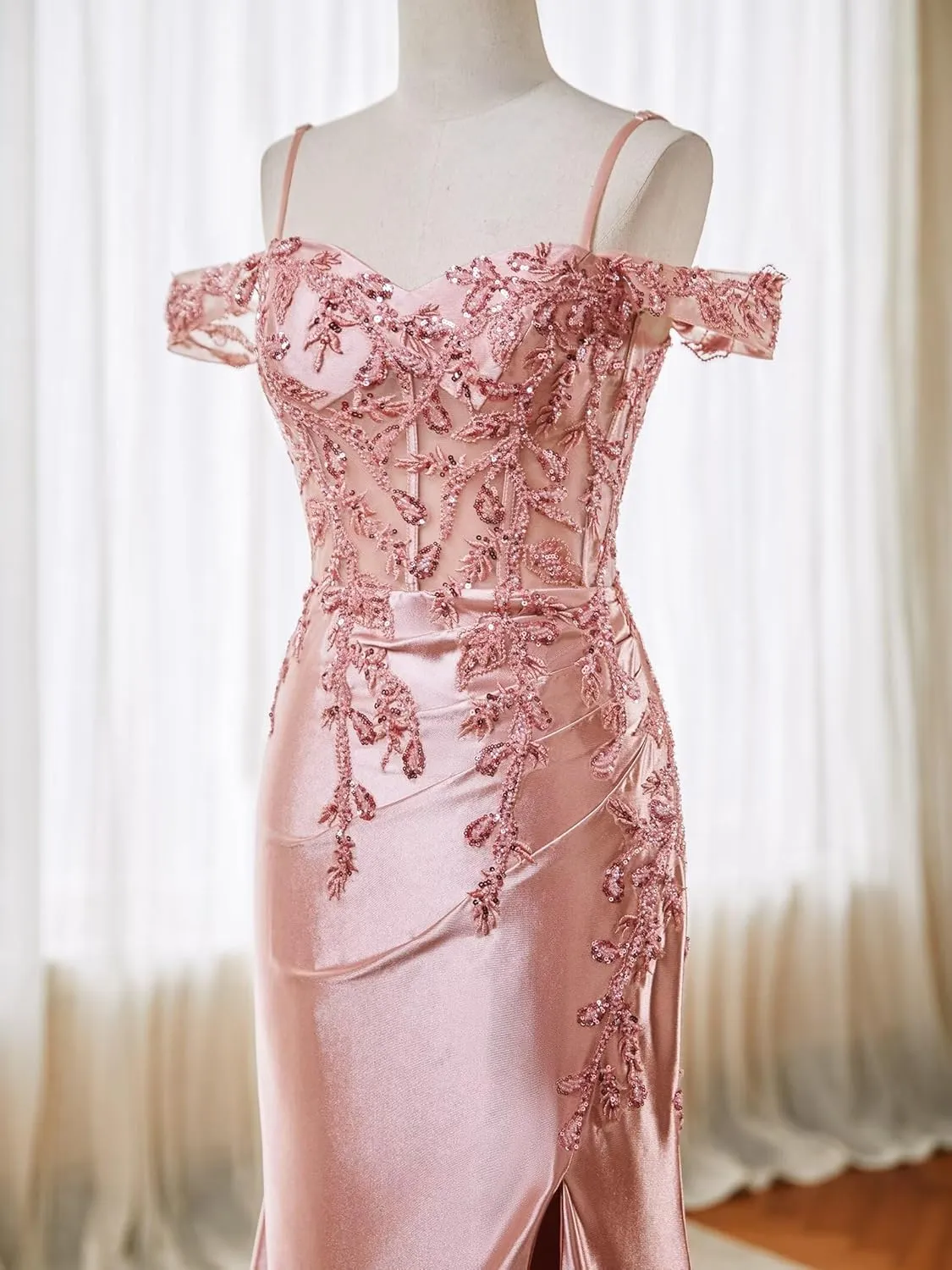 Mermaid Satin Prom Dresses 2025 Lace Applique Off Shoulder Formal Evening Gown with Slit