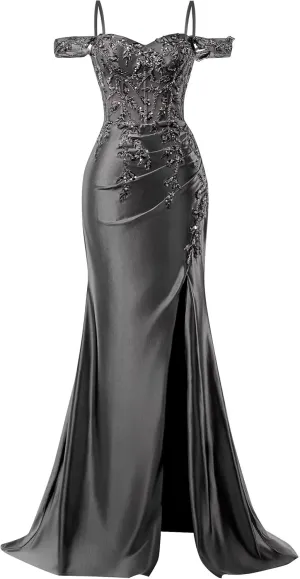 Mermaid Satin Prom Dresses 2025 Lace Applique Off Shoulder Formal Evening Gown with Slit