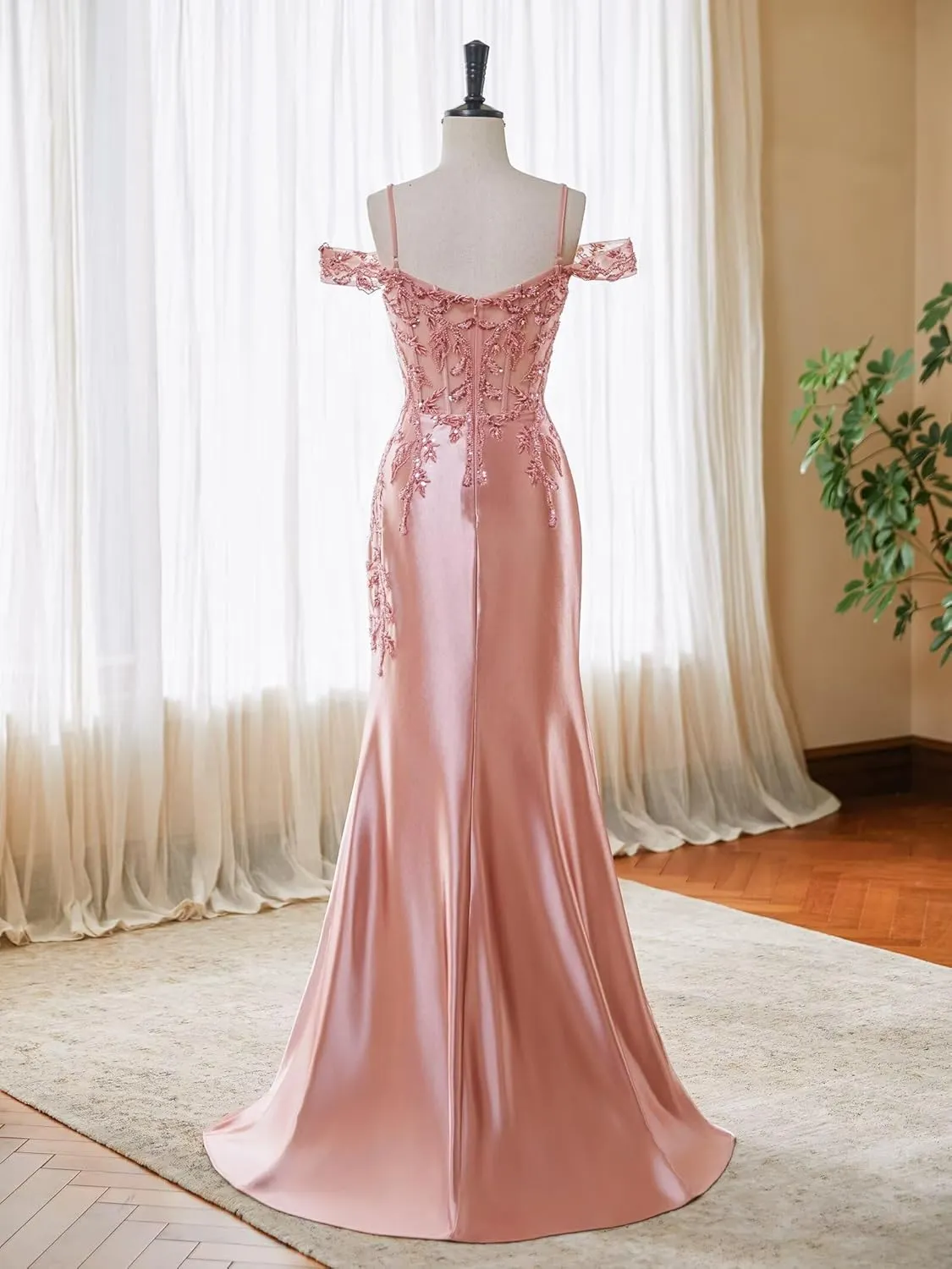 Mermaid Satin Prom Dresses 2025 Lace Applique Off Shoulder Formal Evening Gown with Slit