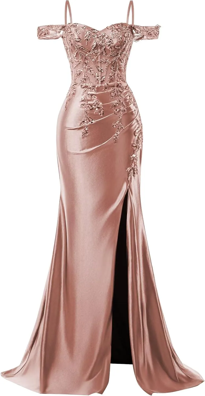 Mermaid Satin Prom Dresses 2025 Lace Applique Off Shoulder Formal Evening Gown with Slit