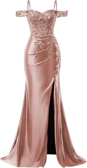 Mermaid Satin Prom Dresses 2025 Lace Applique Off Shoulder Formal Evening Gown with Slit
