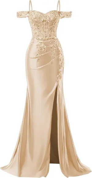 Mermaid Satin Prom Dresses 2025 Lace Applique Off Shoulder Formal Evening Gown with Slit