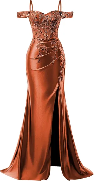 Mermaid Satin Prom Dresses 2025 Lace Applique Off Shoulder Formal Evening Gown with Slit