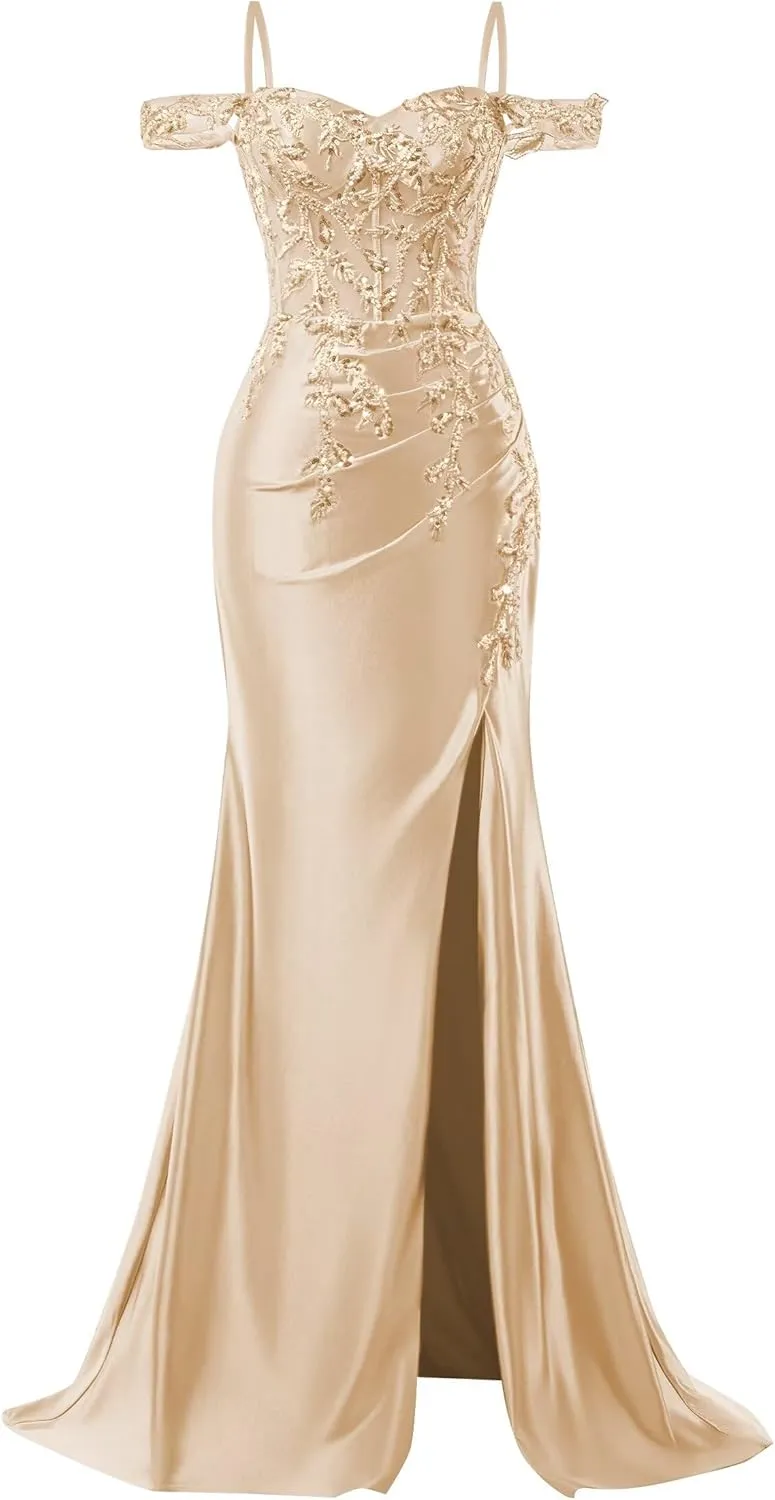 Mermaid Satin Prom Dresses 2025 Lace Applique Off Shoulder Formal Evening Gown with Slit