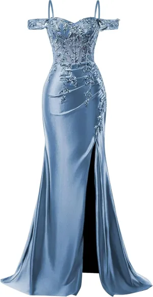Mermaid Satin Prom Dresses 2025 Lace Applique Off Shoulder Formal Evening Gown with Slit