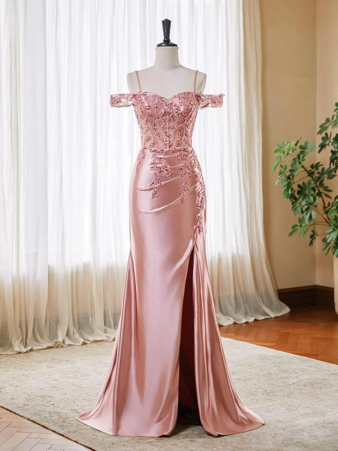 Mermaid Satin Prom Dresses 2025 Lace Applique Off Shoulder Formal Evening Gown with Slit