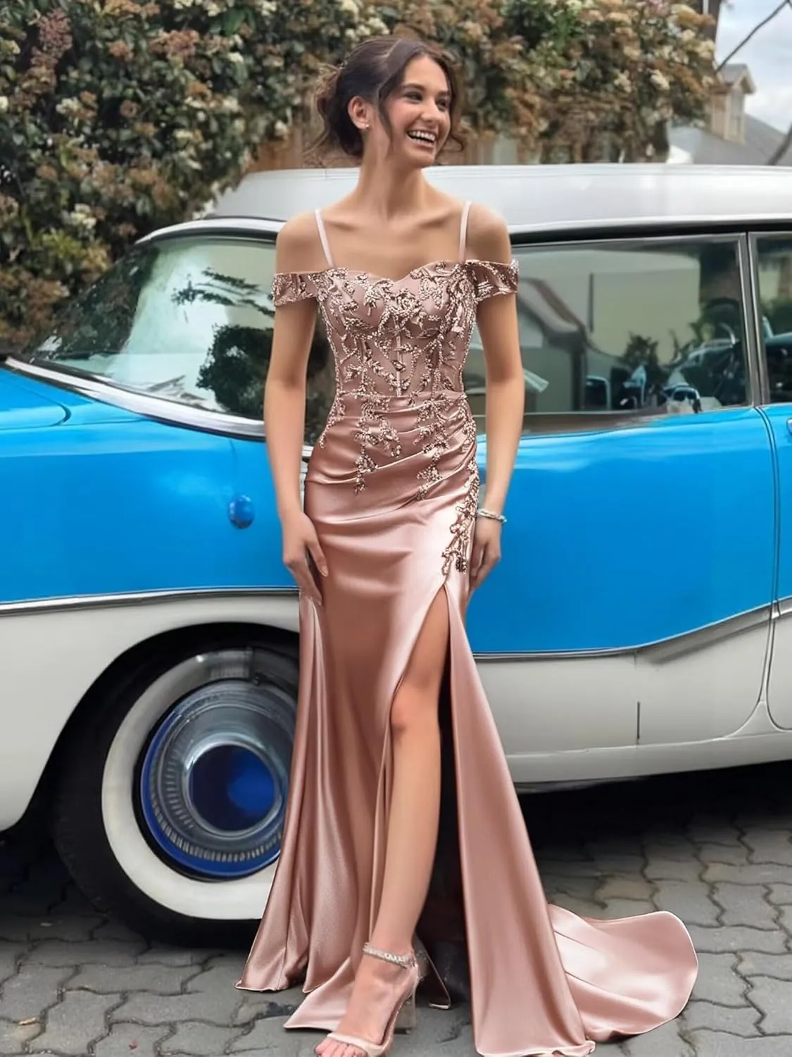 Mermaid Satin Prom Dresses 2025 Lace Applique Off Shoulder Formal Evening Gown with Slit