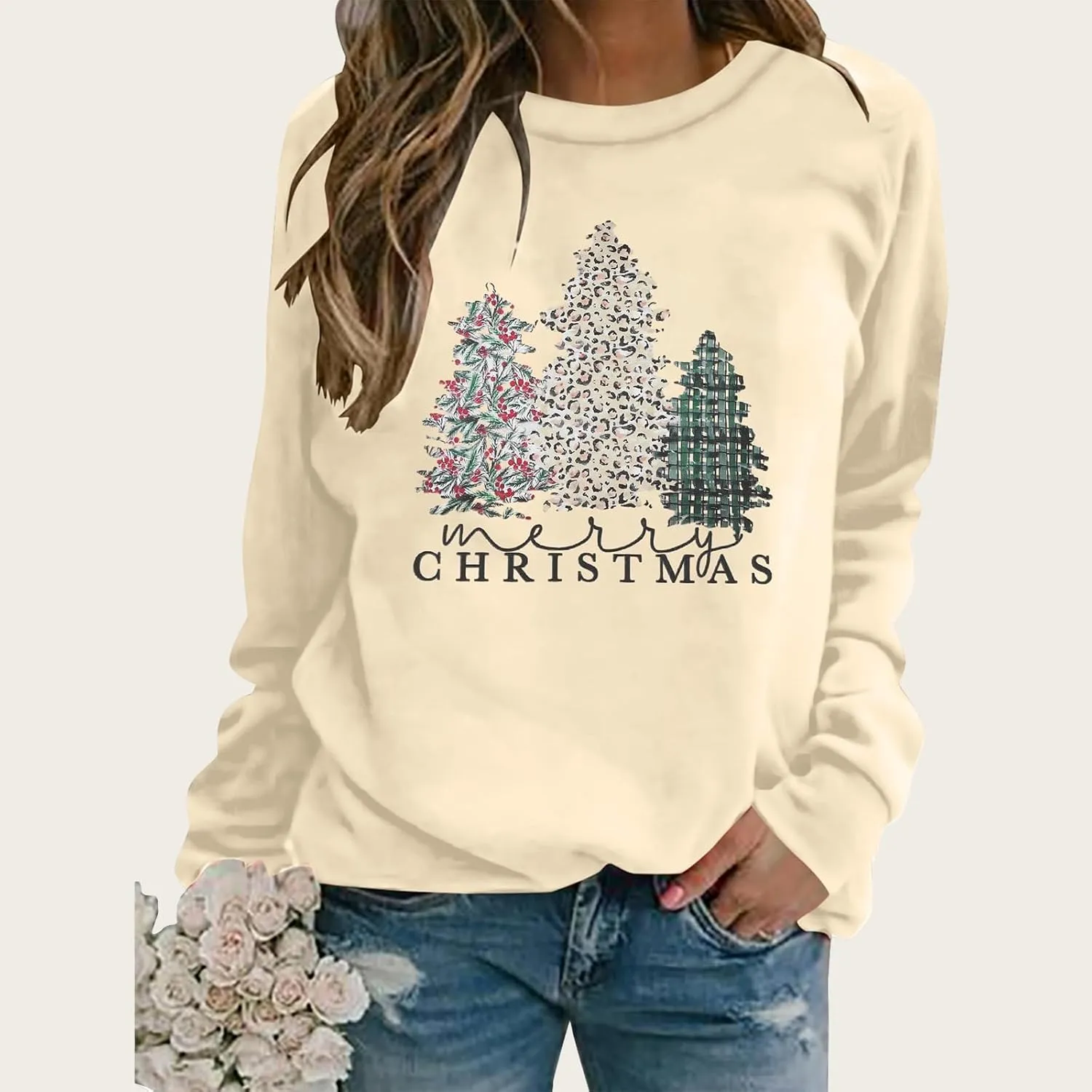 Merry Christmas Sweatshirt for Women 2024 Xmas Tree Fashion Graphic Shirt Holiday Long Sleeve Crewneck Pullover Tops