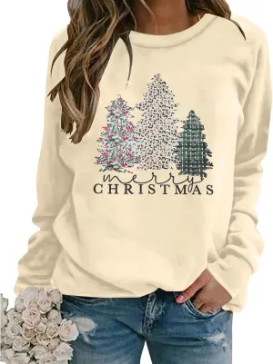Merry Christmas Sweatshirt for Women 2024 Xmas Tree Fashion Graphic Shirt Holiday Long Sleeve Crewneck Pullover Tops
