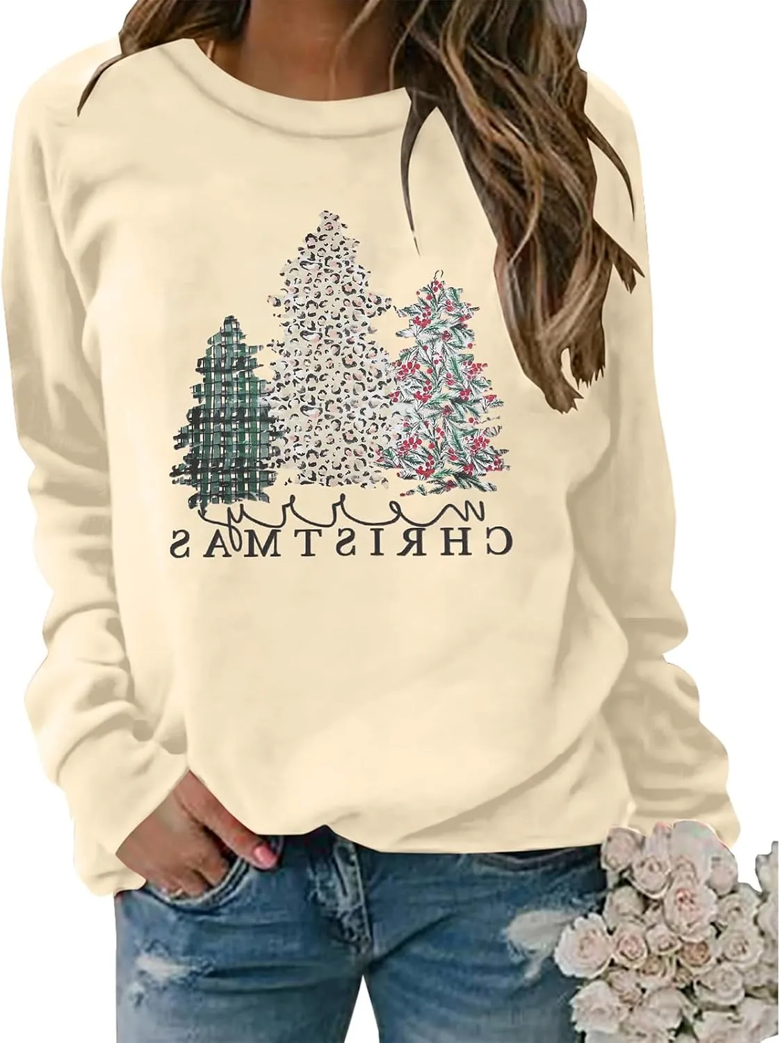 Merry Christmas Sweatshirt for Women 2024 Xmas Tree Fashion Graphic Shirt Holiday Long Sleeve Crewneck Pullover Tops