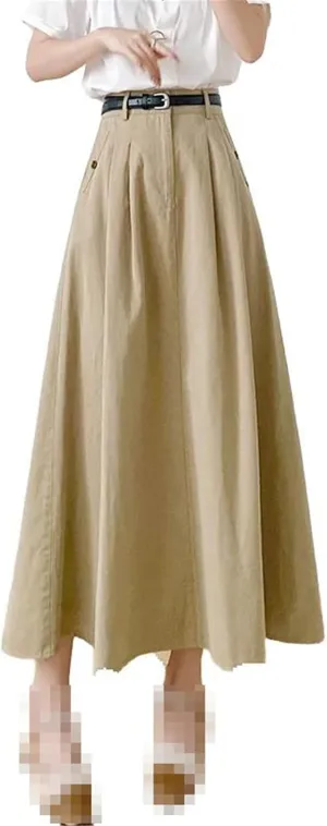 Mid-Length Elastic Waist Denim Skirt for Women,Summer,Office Flared A-line Skirt