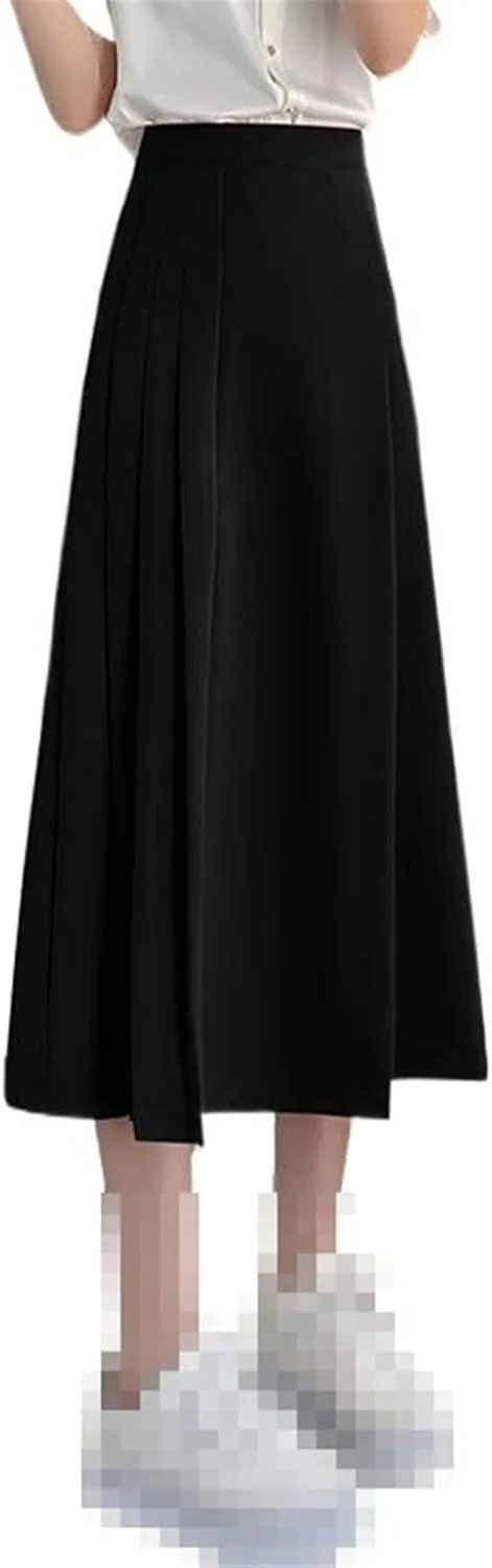 Mid-Length high-Waist Skirt for Women,Summer,A-line Pleated Flared Office Long Skirt