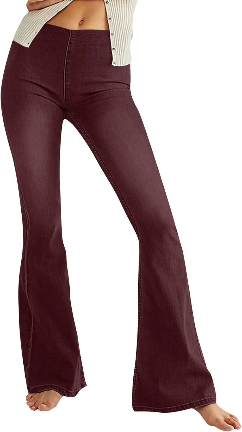 Mid Waisted Flare Jeans for Women Pull-On Skinny Flared Bootcut Denim Jegging Classic Stretch Curvy Bell Bottom Jeans