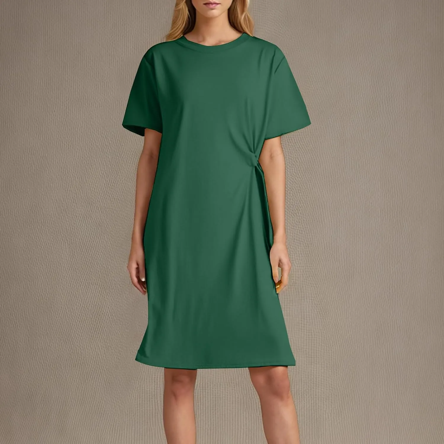 Midi Dresses for Women 2025 Short Sleeve Crewneck Casual Dress Solid Color Summer Midi Dress
