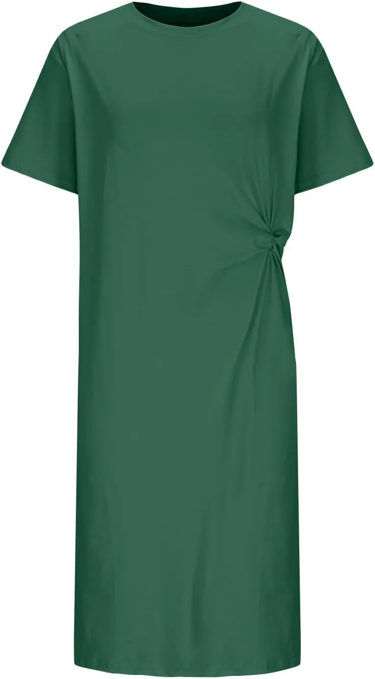 Midi Dresses for Women 2025 Short Sleeve Crewneck Casual Dress Solid Color Summer Midi Dress