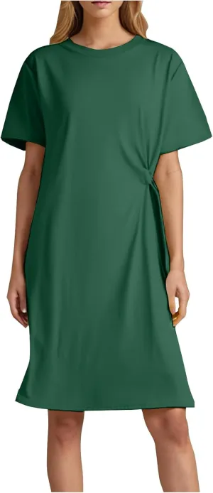 Midi Dresses for Women 2025 Short Sleeve Crewneck Casual Dress Solid Color Summer Midi Dress