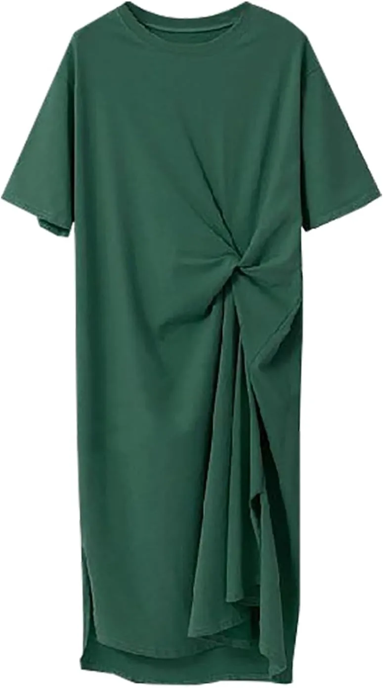 Midi Dresses for Women 2025 Short Sleeve Crewneck Casual Dress Solid Color Summer Midi Dress