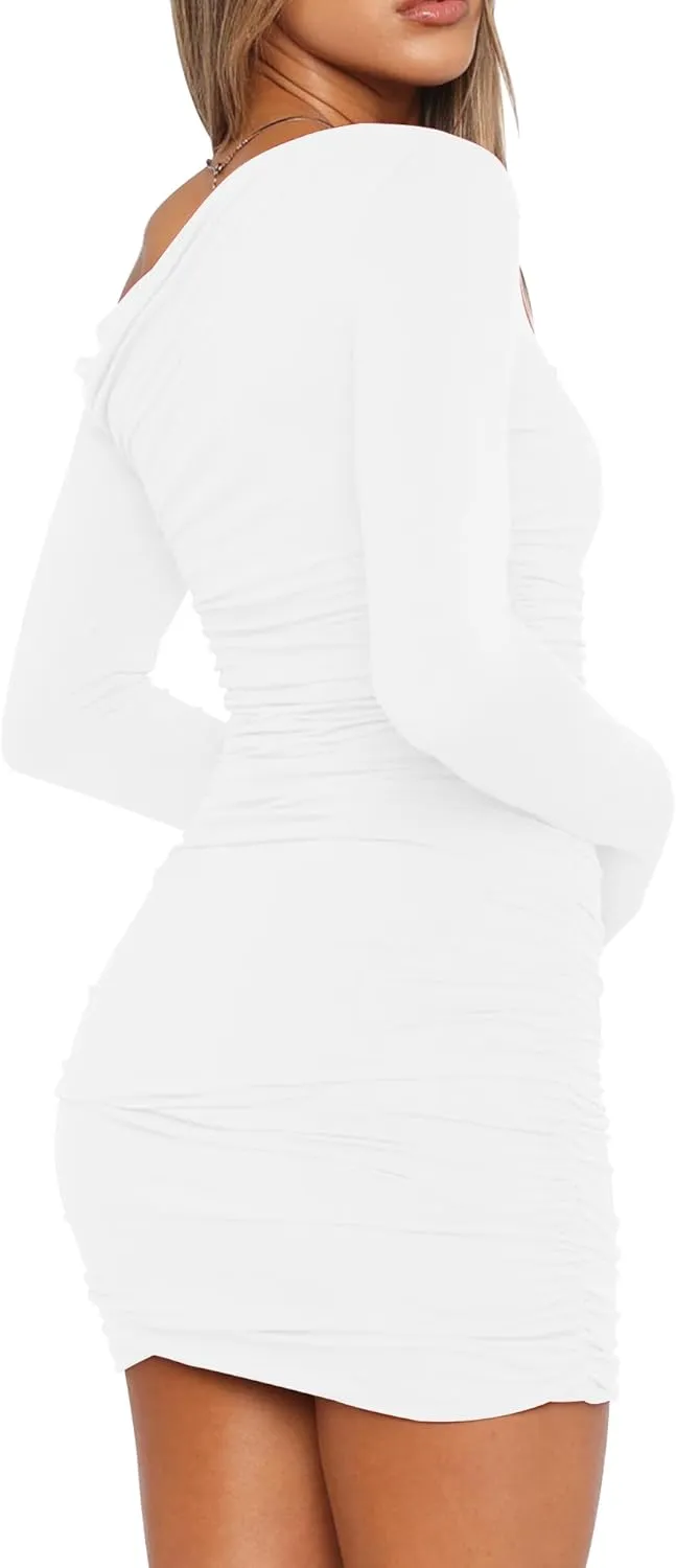 Mokoru Women's Sexy Elegant Off Shoulder Long Sleeve Ruched Bodycon Cocktail Party Mini Dresses
