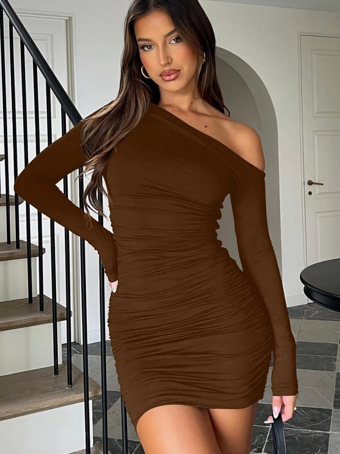 Mokoru Women's Sexy Elegant Off Shoulder Long Sleeve Ruched Bodycon Cocktail Party Mini Dresses
