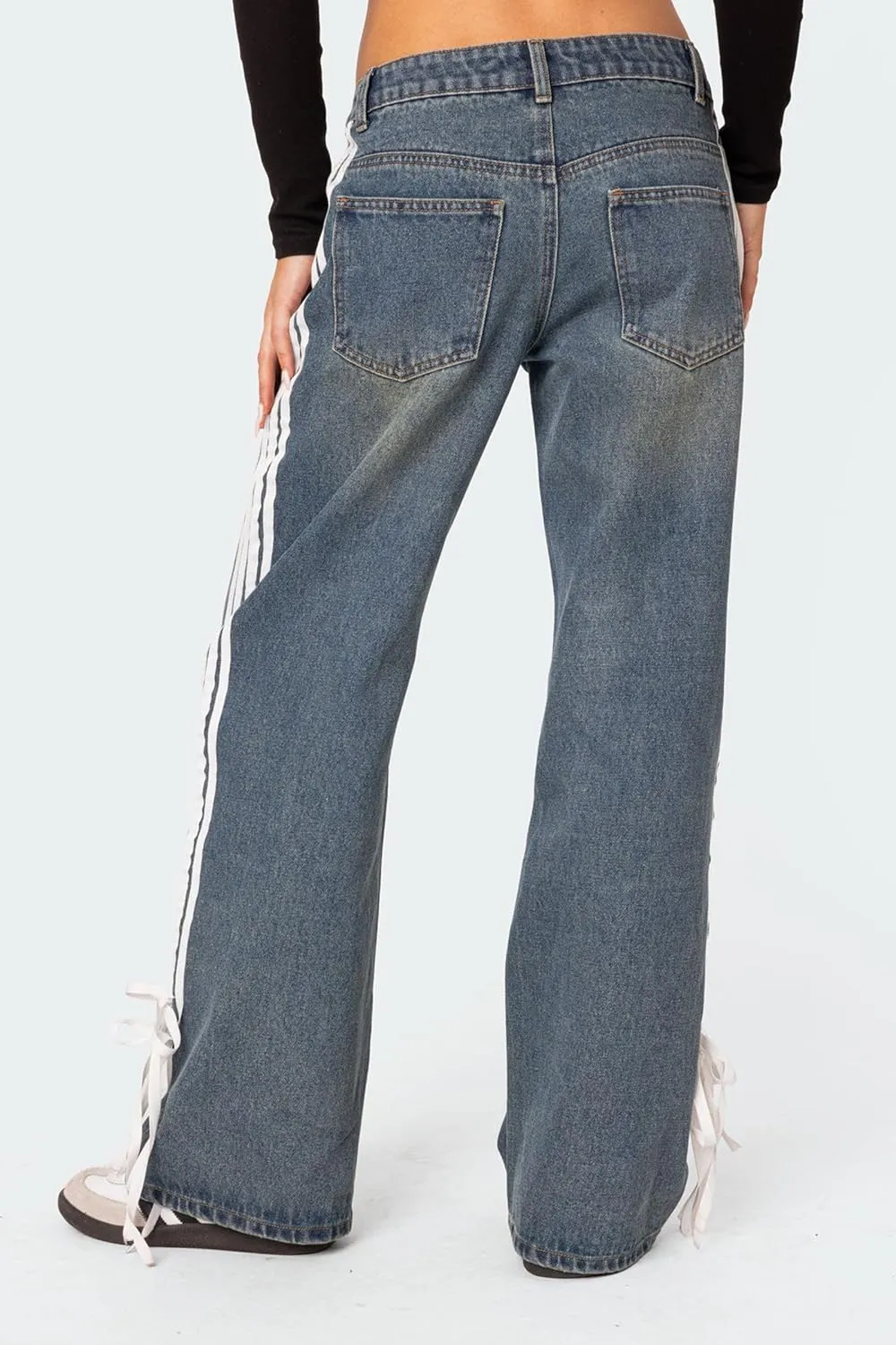 Mxiqqpltky Womens Wide Leg Jeans High Waist Boyfriend Denim Pants Side Striped Print Straight Baggy Mom Jeans Y2k Streetwear