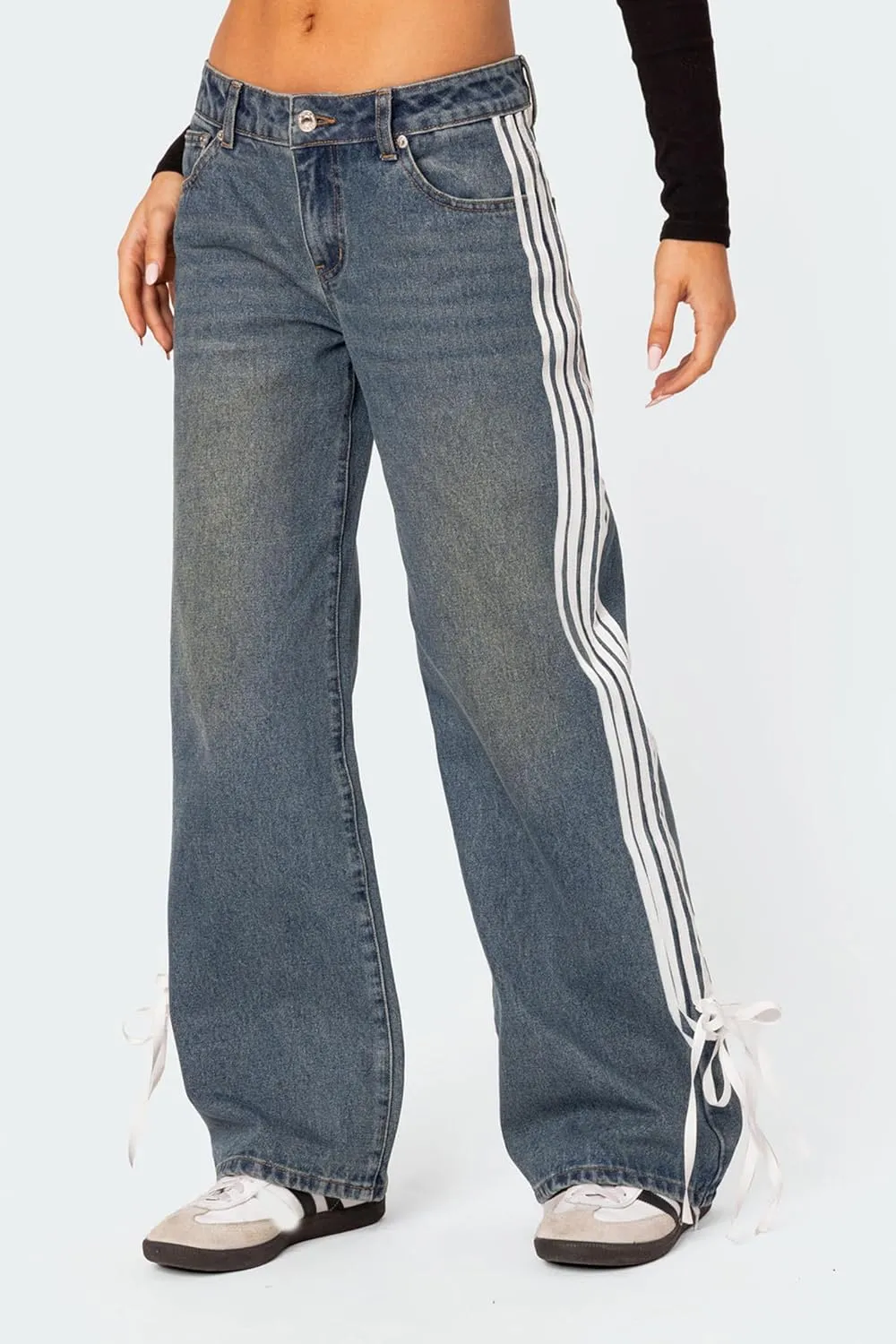 Mxiqqpltky Womens Wide Leg Jeans High Waist Boyfriend Denim Pants Side Striped Print Straight Baggy Mom Jeans Y2k Streetwear