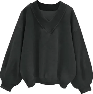 Mzkdieey Women Oversized Sweatshirt Hoodies Casual V Neck Long Sleeve Pullover Top Drop Shoulder Baggy Comfy Sweater