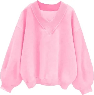 Mzkdieey Women Oversized Sweatshirt Hoodies Casual V Neck Long Sleeve Pullover Top Drop Shoulder Baggy Comfy Sweater