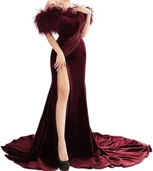 Off Shoulder Feather Prom Dresses with Slit Mermaid Velvet Formal Dresses for Women Evening Party