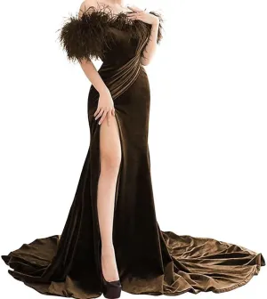 Off Shoulder Feather Prom Dresses with Slit Mermaid Velvet Formal Dresses for Women Evening Party