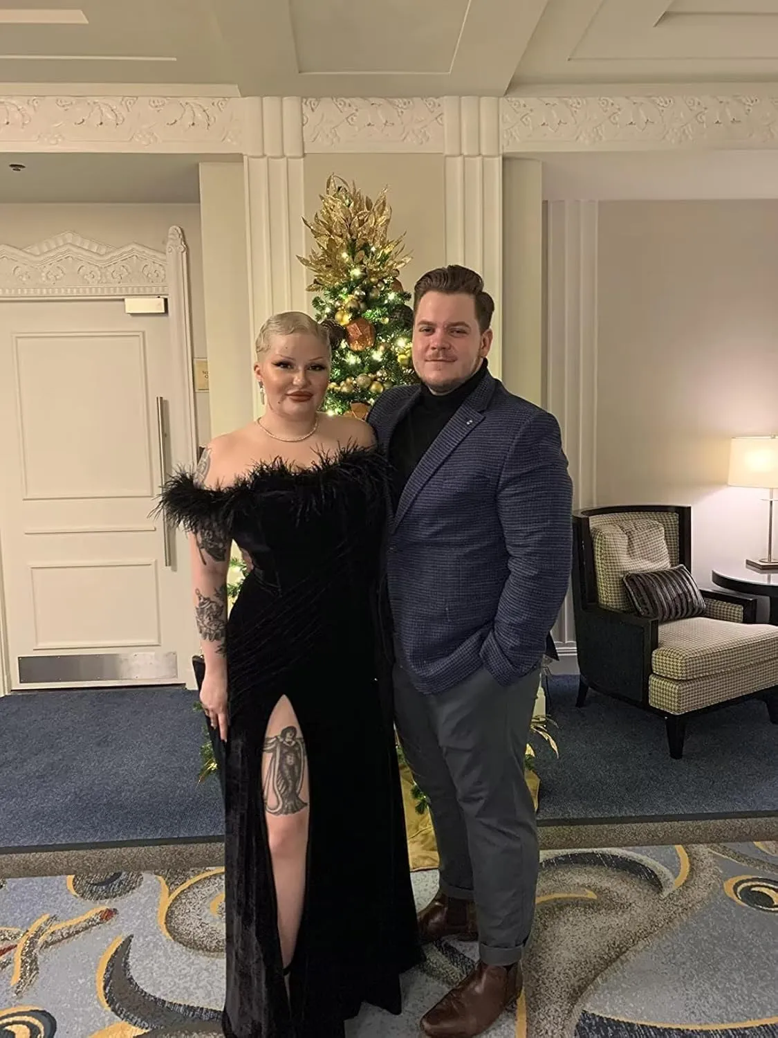 Off Shoulder Feather Prom Dresses with Slit Mermaid Velvet Formal Dresses for Women Evening Party