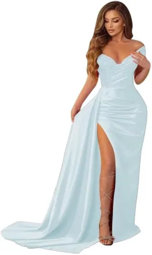 Off Shoulder Prom Dresses for Women Mermaid Satin Sparkly Bridesmaid Dress Formal Gown DDR952