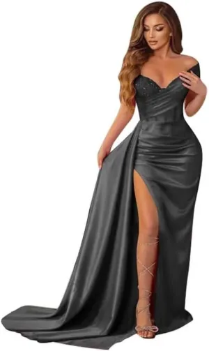 Off Shoulder Prom Dresses for Women Mermaid Satin Sparkly Bridesmaid Dress Formal Gown DDR952
