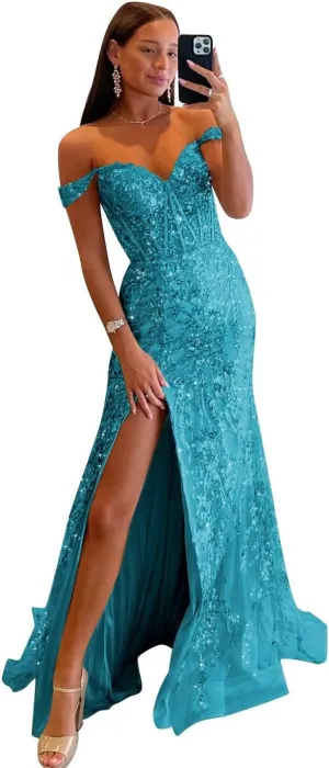 Off Shoulder Prom Dresses Long with Slit Mermaid Sequin Appliques Formal Evening Party Gowns