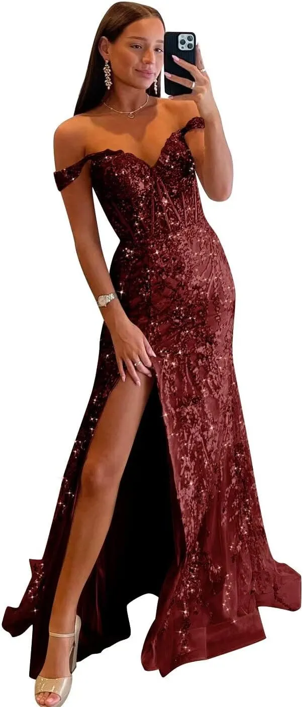 Off Shoulder Prom Dresses Long with Slit Mermaid Sequin Appliques Formal Evening Party Gowns