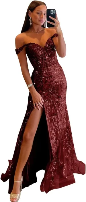 Off Shoulder Prom Dresses Long with Slit Mermaid Sequin Appliques Formal Evening Party Gowns