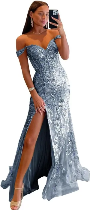 Off Shoulder Prom Dresses Long with Slit Mermaid Sequin Appliques Formal Evening Party Gowns