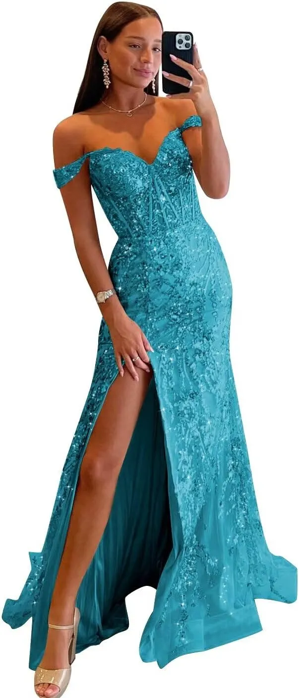 Off Shoulder Prom Dresses Long with Slit Mermaid Sequin Appliques Formal Evening Party Gowns
