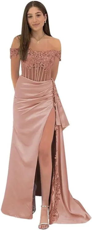 Off Shoulder Satin Beaded Prom Dresses Long Formal Dresses Corset Lace Appliques Evening Dresses with Slit