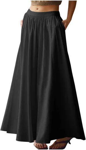 Oplxuo Women's Maxi Skirt Solid Summer Beach Long Skirts A-line Swing High Waist Swing Flowy Skirt with Pockets
