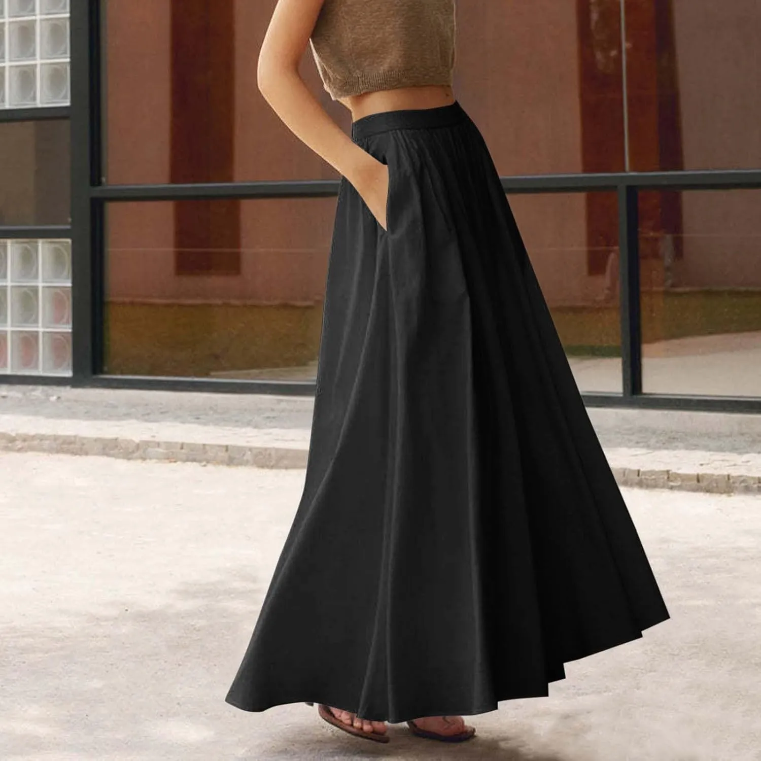 Oplxuo Women's Maxi Skirt Solid Summer Beach Long Skirts A-line Swing High Waist Swing Flowy Skirt with Pockets