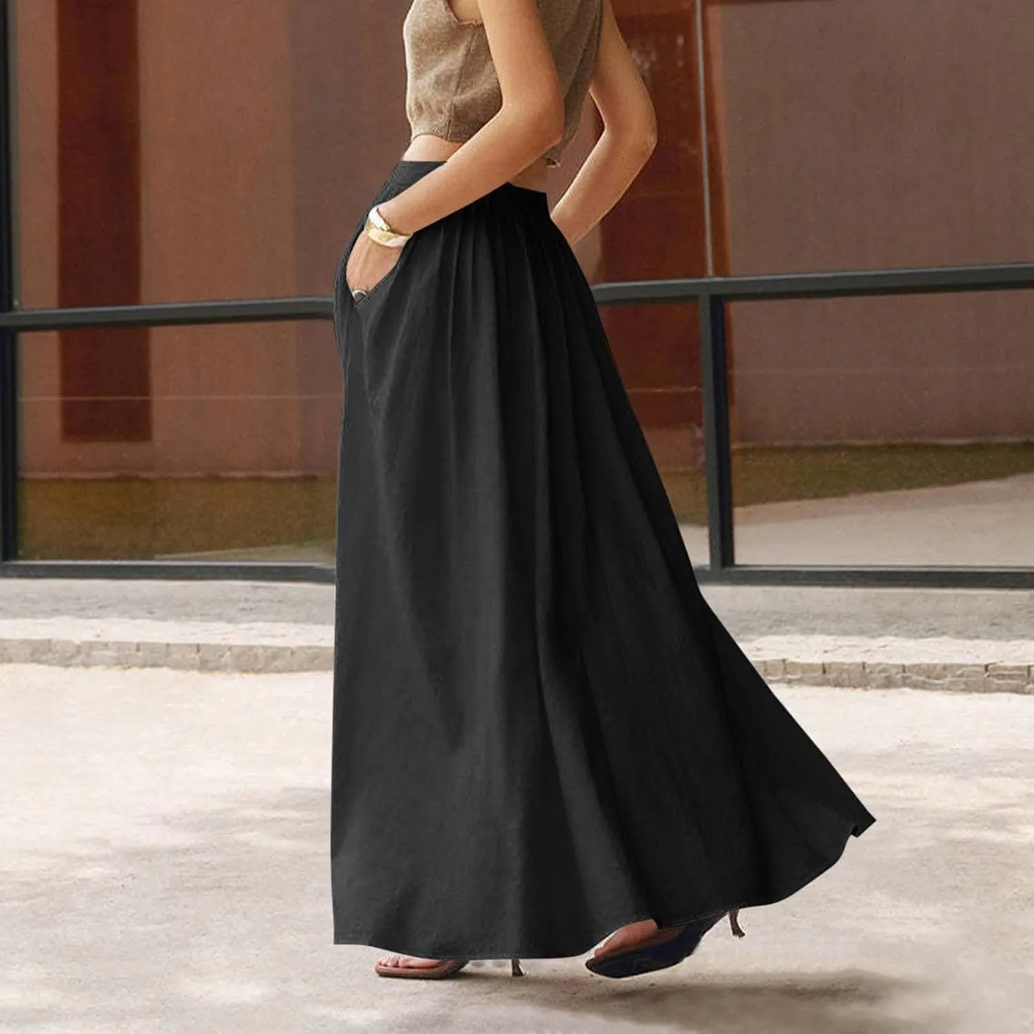 Oplxuo Women's Maxi Skirt Solid Summer Beach Long Skirts A-line Swing High Waist Swing Flowy Skirt with Pockets