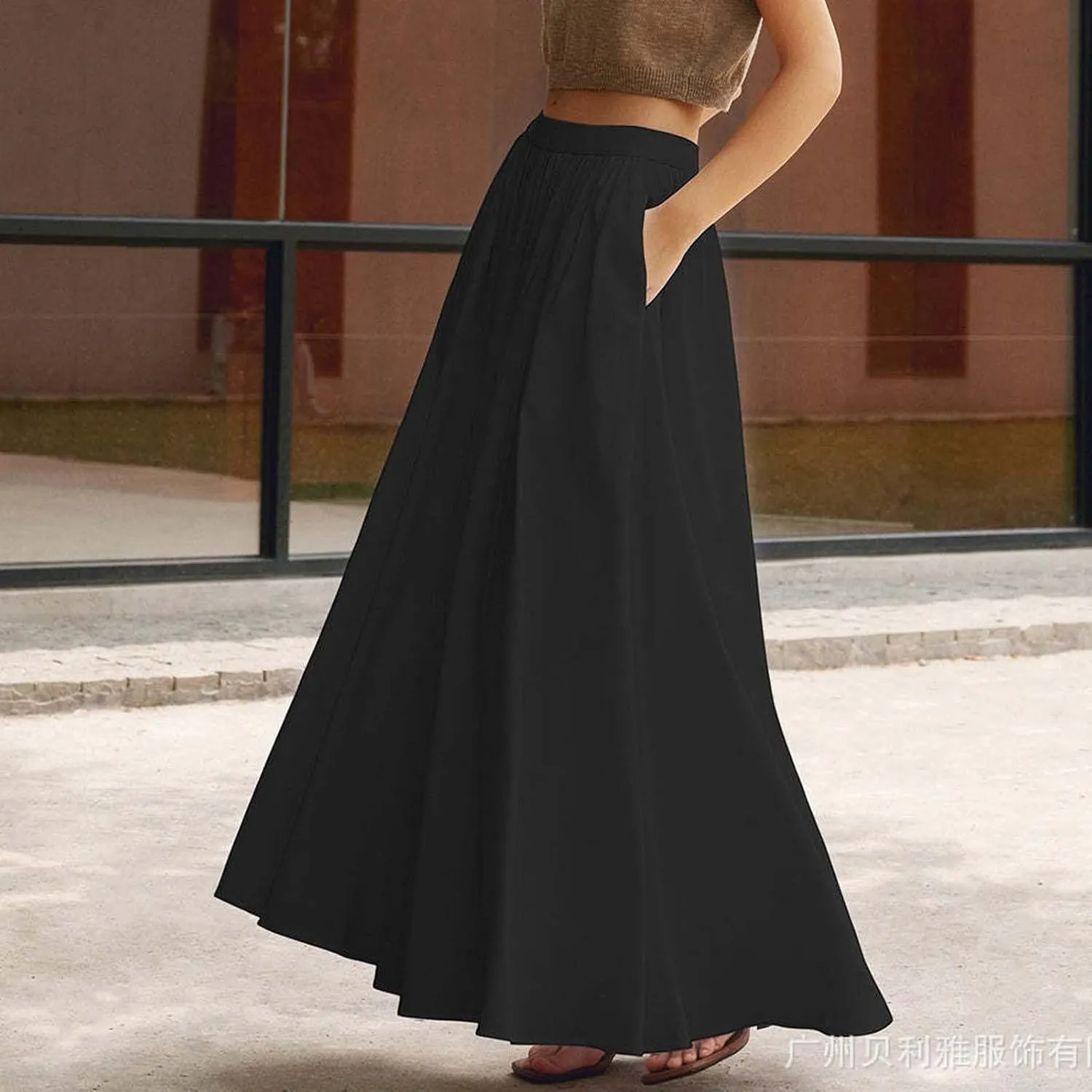 Oplxuo Women's Maxi Skirt Solid Summer Beach Long Skirts A-line Swing High Waist Swing Flowy Skirt with Pockets