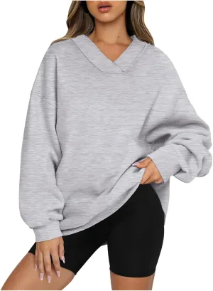 Oversized Fleece Sweatshirts For Women Trendy 2024 Long Sleeve v Neck Pullover Tops Casual Loose Solid Fall Clothes